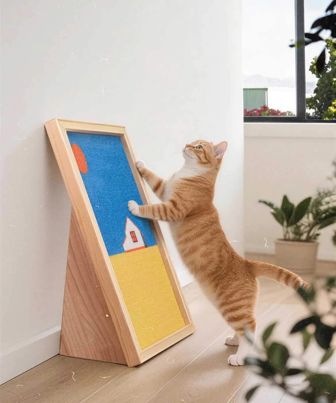 An orange cat stretched tall, scratching a framed canvas