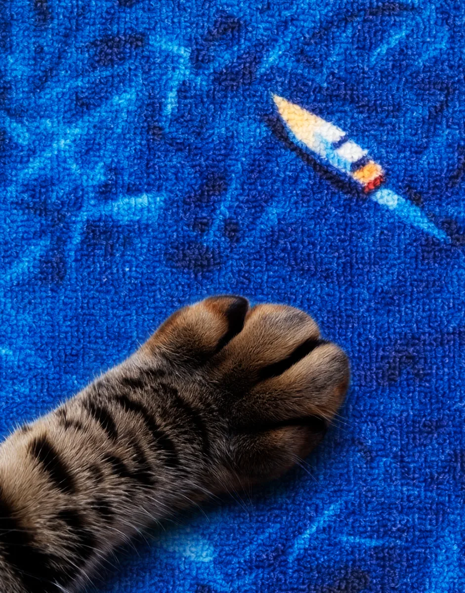 A tabby paw resting on the deep blue boat canvas