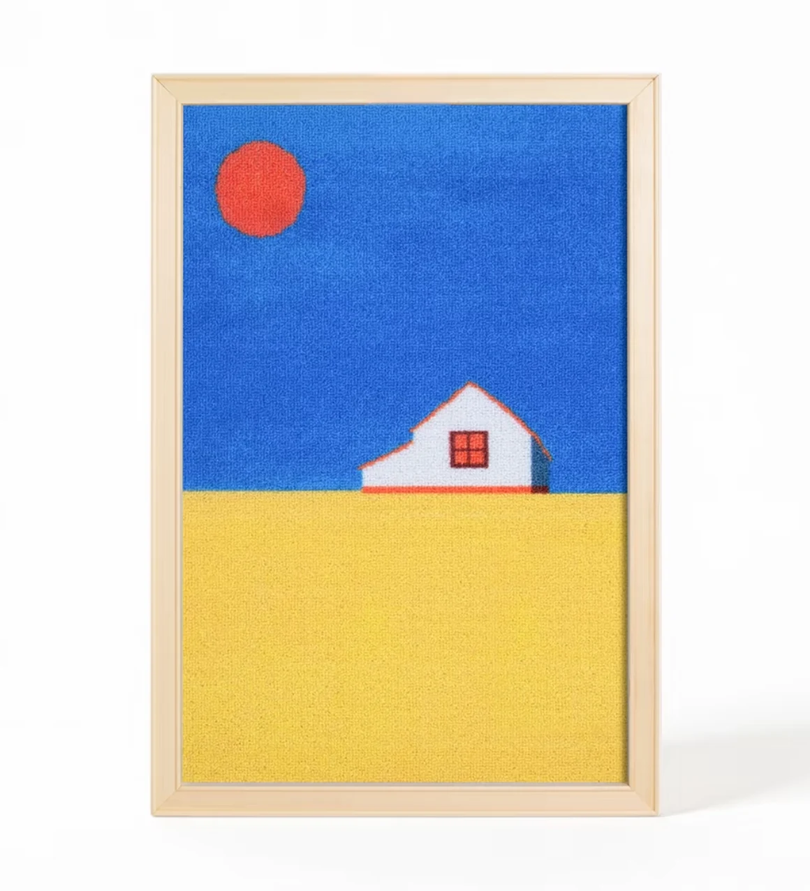 The Sunny Field print in the pine frame, on white